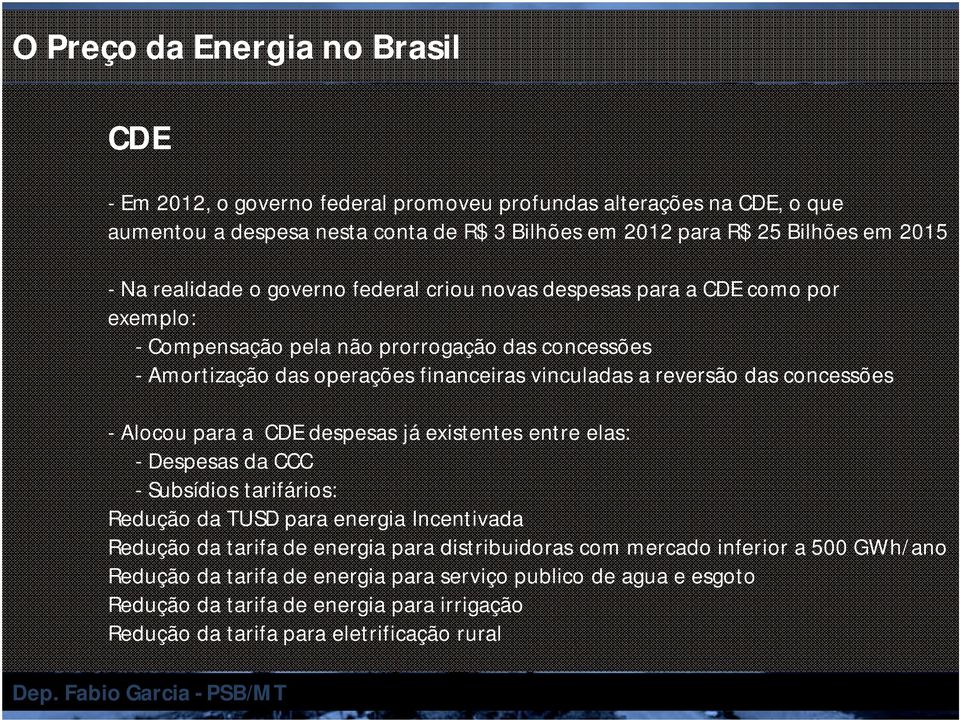 - Alocou para a CDE despesas já existentes entre elas: - Despesas da CCC - Subsídios tarifários: Redução da TUSD para energia Incentivada Redução da tarifa de energia para