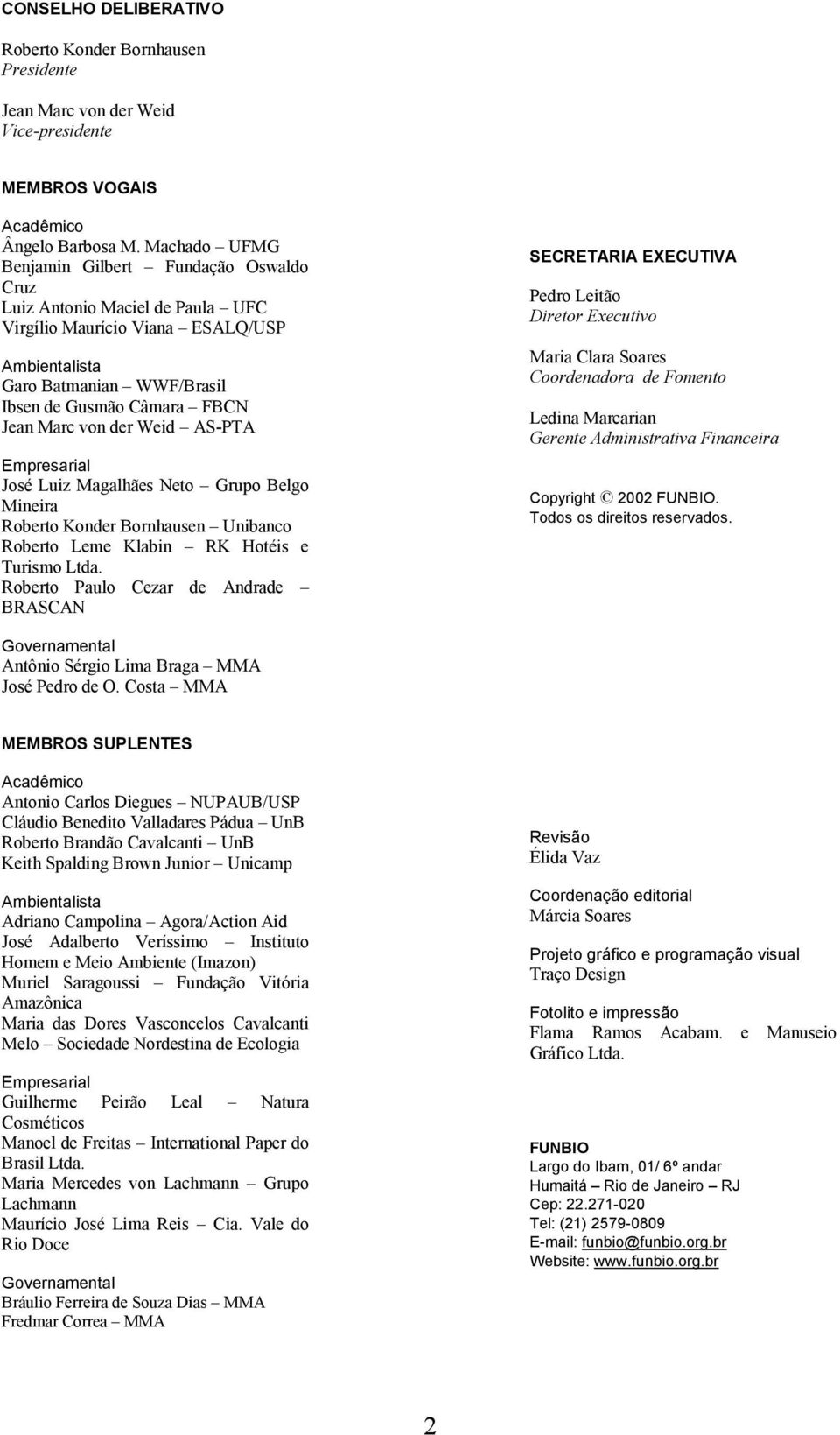 von der Weid AS-PTA Empresarial José Luiz Magalhães Neto Grupo Belgo Mineira Roberto Konder Bornhausen Unibanco Roberto Leme Klabin RK Hotéis e Turismo Ltda.