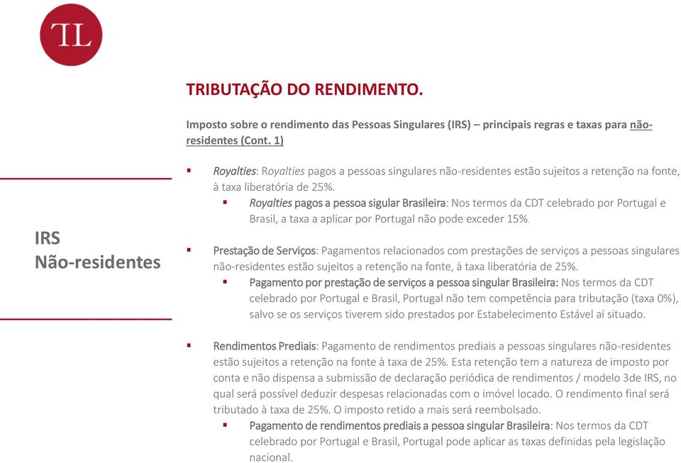Royalties pagos a pessoa sigular Brasileira: Nos termos da CDT celebrado por Portugal e Brasil, a taxa a aplicar por Portugal não pode exceder 15%.