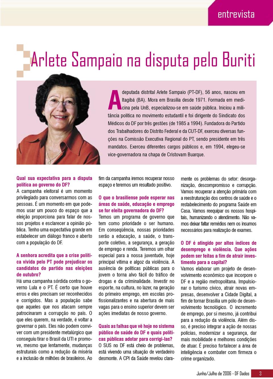 Fundadora do Partido dos Trabalhadores do Distrito Federal e da CUT-DF, exerceu diversas funções na Comissão Executiva Regional do PT, sendo presidente em três mandatos.