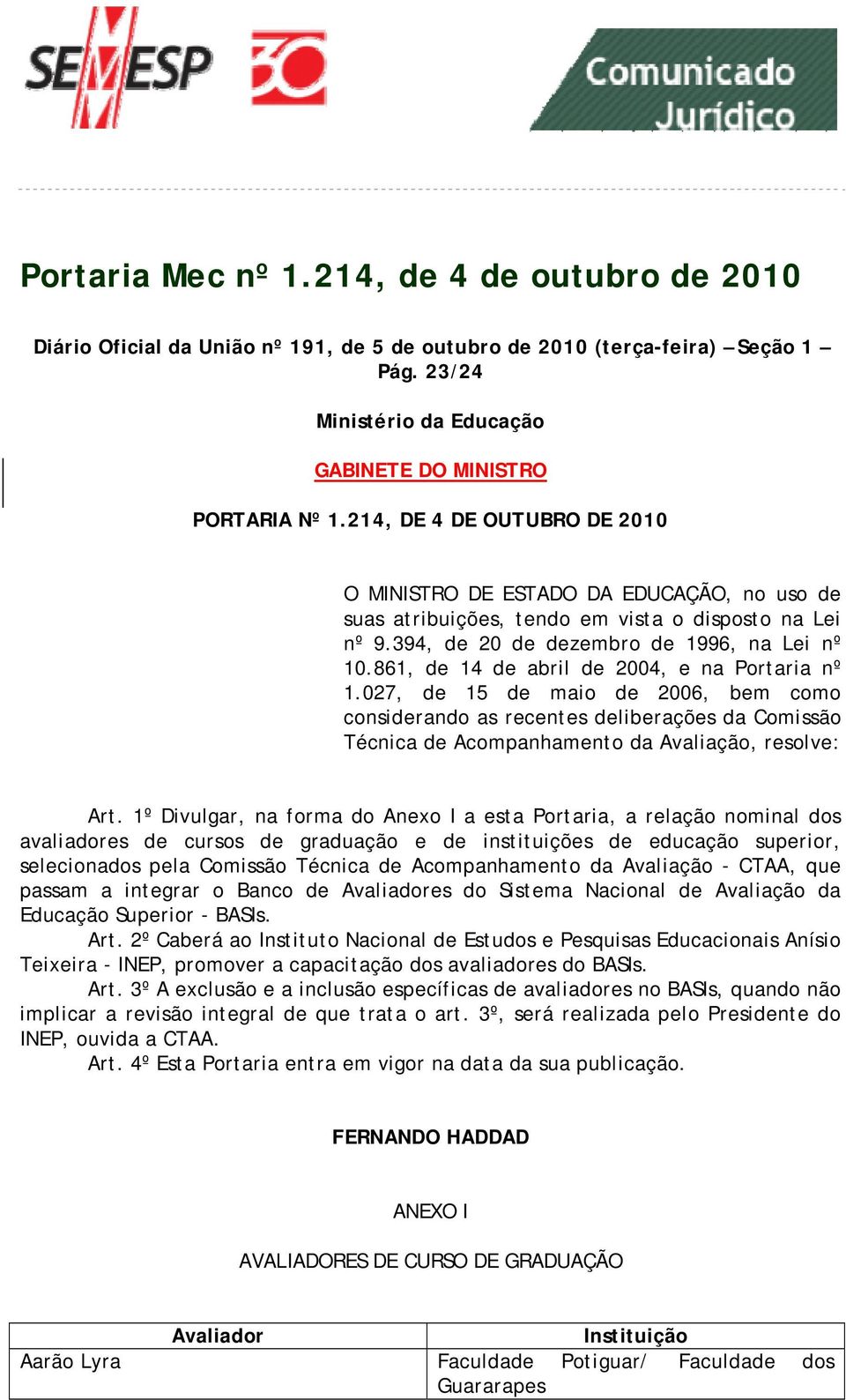 861, de 14 de abril de 2004, e na Portaria nº 1.027, de 15 de maio de 2006, bem como considerando as recentes deliberações da Comissão Técnica de Acompanhamento da Avaliação, resolve: Art.