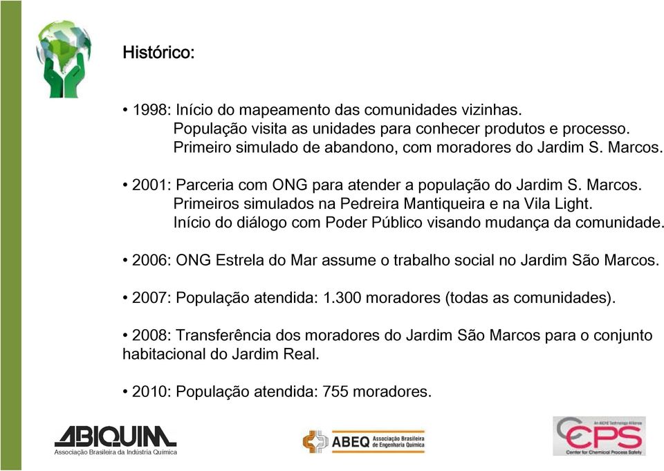 Início do diálogo com Poder Público visando mudança da comunidade. 2006: ONG Estrela do Mar assume o trabalho social no Jardim São Marcos. 2007: População atendida: 1.