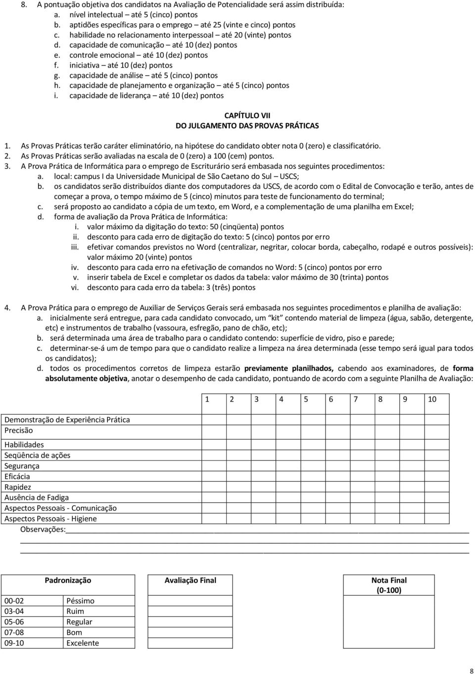 controle emocional até 10 (dez) pontos f. iniciativa até 10 (dez) pontos g. capacidade de análise até 5 (cinco) pontos h. capacidade de planejamento e organização até 5 (cinco) pontos i.