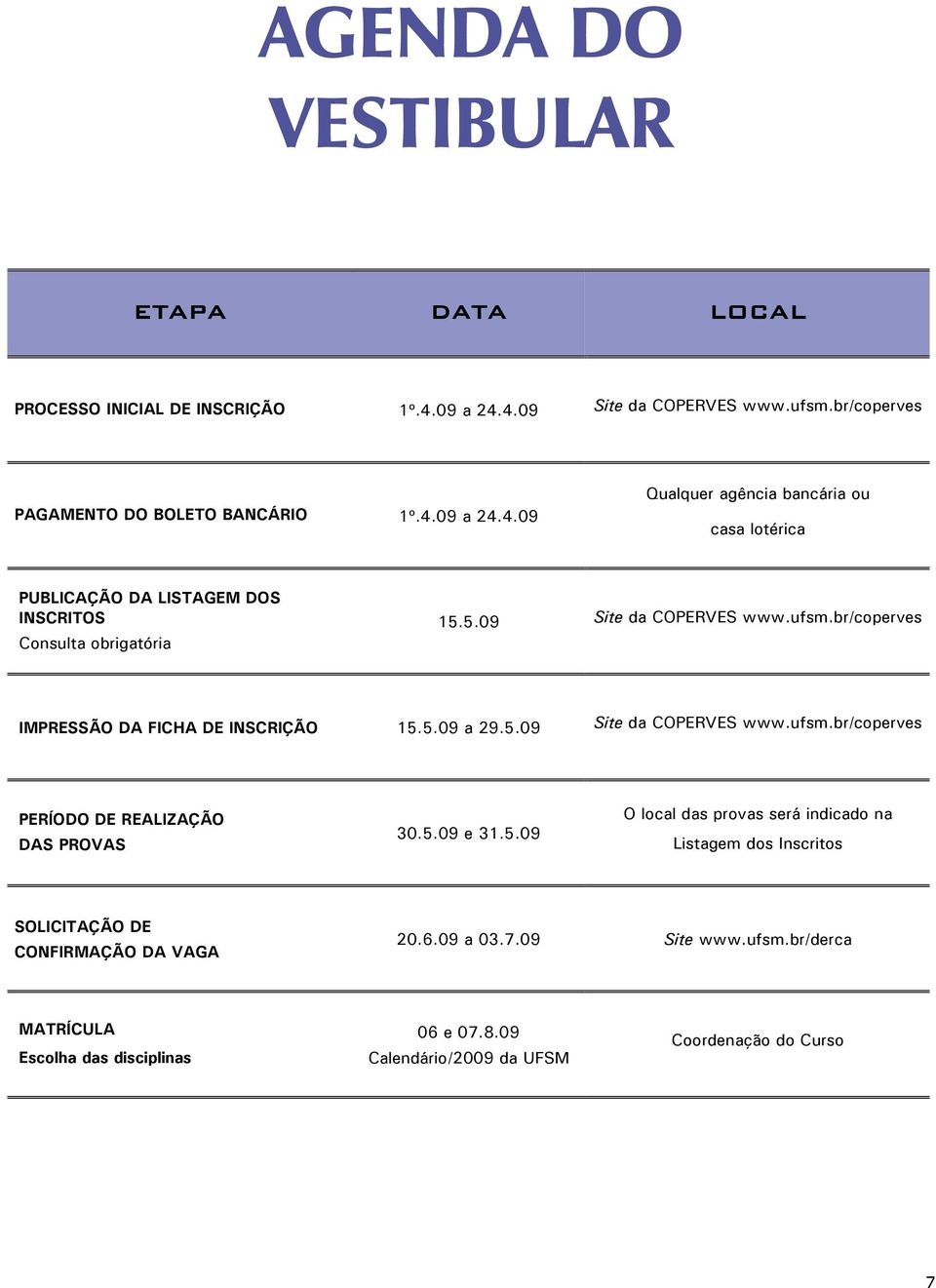 5.09 Site da COPERVES www.ufsm.br/coperves IMPRESSÃO DA FICHA DE INSCRIÇÃO 15.5.09 a 29.5.09 Site da COPERVES www.ufsm.br/coperves PERÍODO DE REALIZAÇÃO DAS PROVAS 30.5.09 e 31.