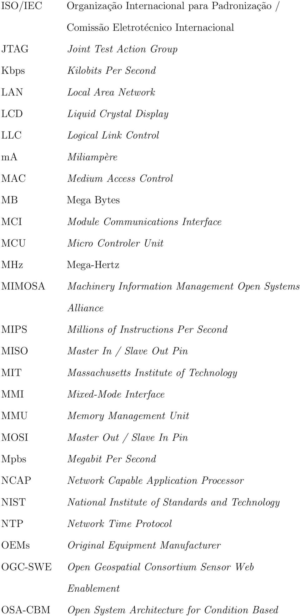 Systems Alliance MIPS MISO MIT MMI MMU MOSI Mpbs NCAP NIST NTP OEMs OGC-SWE Millions of Instructions Per Second Master In / Slave Out Pin Massachusetts Institute of Technology Mixed-Mode Interface