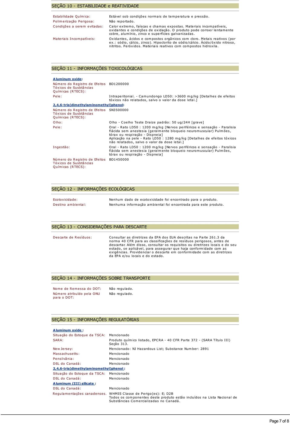 O produto pode corroer lentamente cobre, alumínio, zinco e superfícies galvanizadas. Oxidantes, ácidos e compostos orgânicos com cloro. Metais reativos (por ex.: sódio, cálcio, zinco).