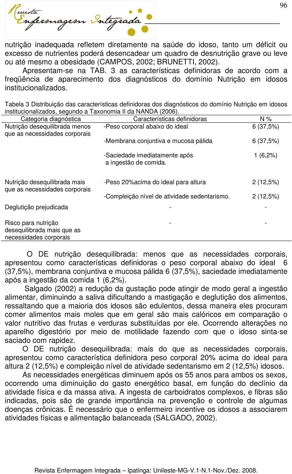 Tabela 3 Distribuição das características definidoras dos diagnósticos do domínio Nutrição em idosos institucionalizados, segundo a Taxonomia II da NANDA (2006).