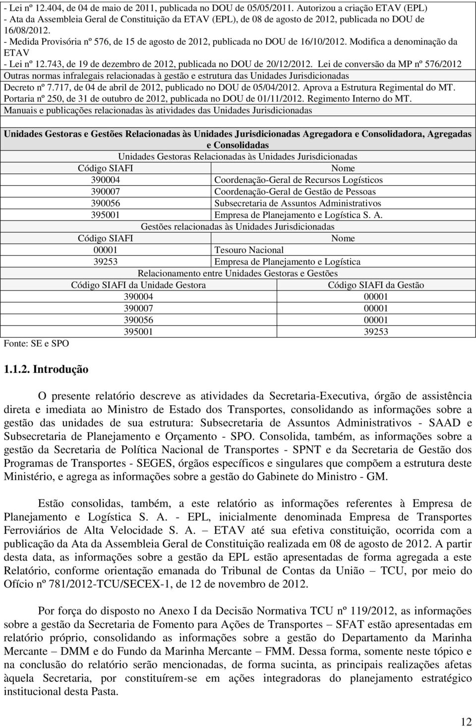 - Medida Provisória nº 576, de 15 de agosto de 2012, publicada no DOU de 16/10/2012. Modifica a denominação da ETAV - Lei nº 12.743, de 19 de dezembro de 2012, publicada no DOU de 20/12/2012.