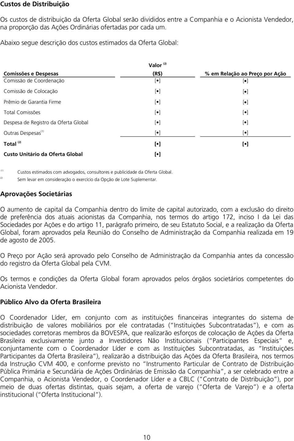 de Garantia Firme [ ] [ ] Total Comissões [ ] [ ] Despesa de Registro da Oferta Global [ ] [ ] Outras Despesas (1) [ ] [ ] Total (2) [ ] [ ] Custo Unitário da Oferta Global [ ] (1) (2) Custos