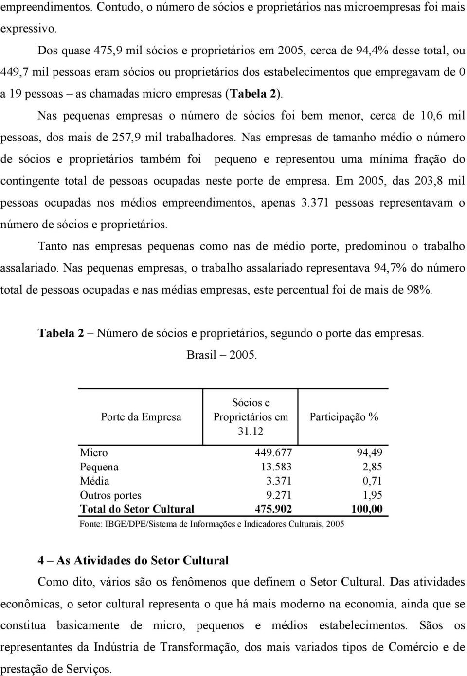 micro empresas (Tabela 2). Nas pequenas empresas o número de sócios foi bem menor, cerca de 10,6 mil pessoas, dos mais de 257,9 mil trabalhadores.