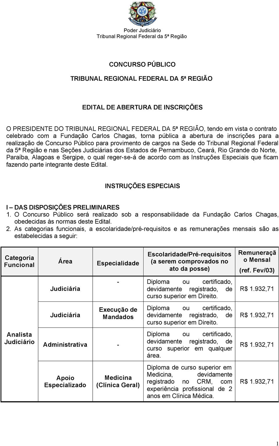 Estados de Pernambuco, Ceará, Rio Grande do Norte, Paraíba, Alagoas e Sergipe, o qual reger-se-á de acordo com as Instruções Especiais que ficam fazendo parte integrante deste Edital.