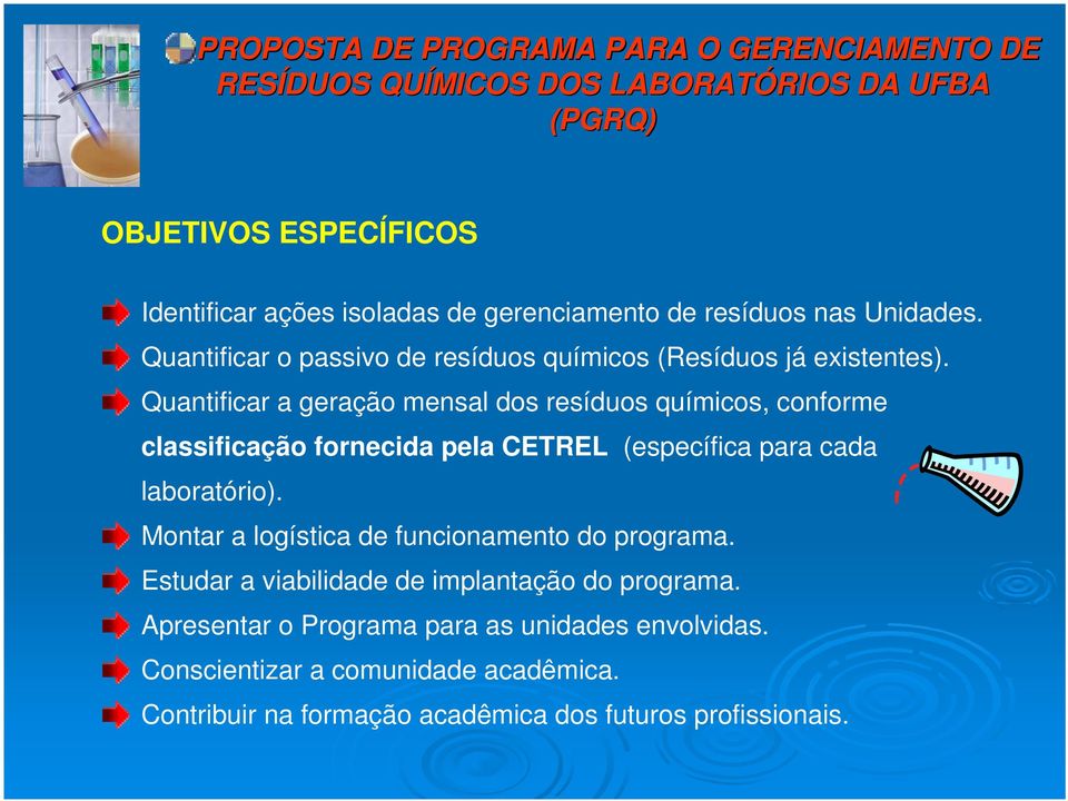 Quantificar a geração mensal dos resíduos químicos, conforme classificação fornecida pela CETREL (específica para cada laboratório).