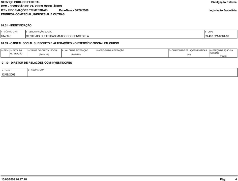 09 - CAPITAL SOCIAL SUBSCRITO E ALTERAÇÕES NO EXERCÍCIO SOCIAL EM CURSO 1- ITEM 2 - DATA DA ALTERAÇÃO 3 - VALOR DO CAPITAL SOCIAL (Reais Mil) 4 - VALOR DA