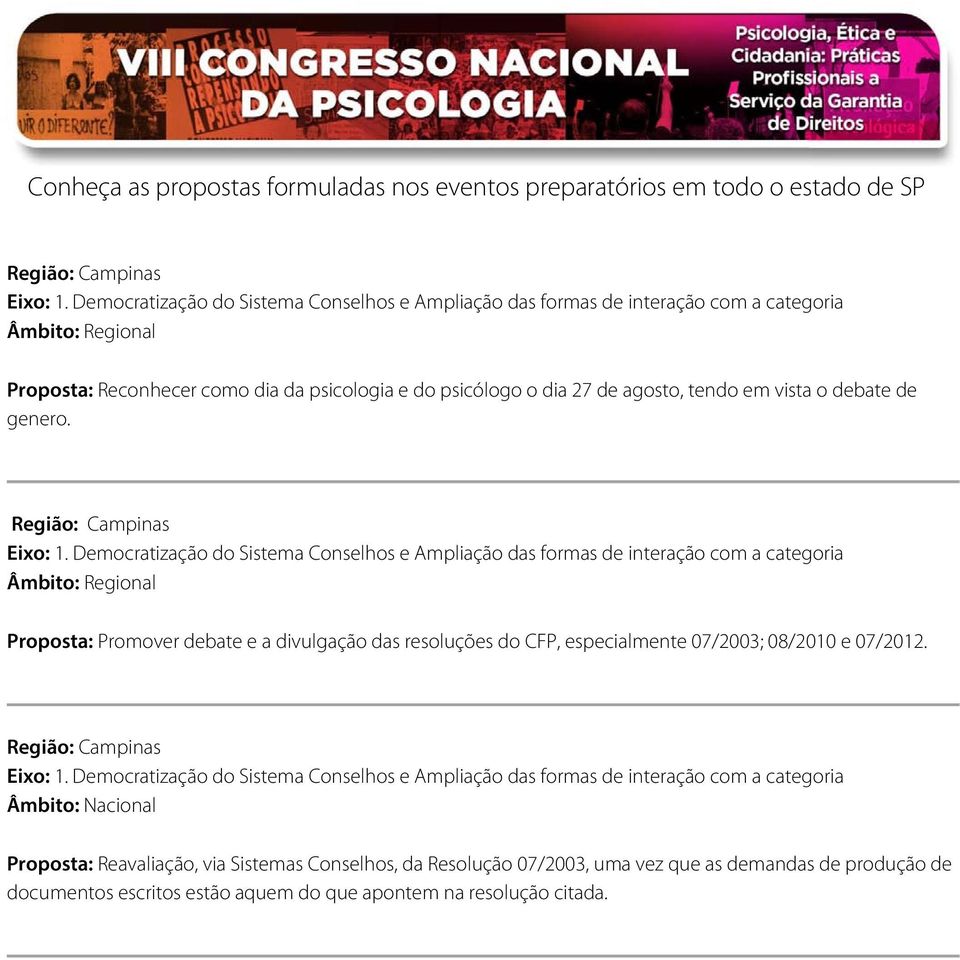 Proposta: Promover debate e a divulgação das resoluções do CFP, especialmente 07/2003; 08/2010 e