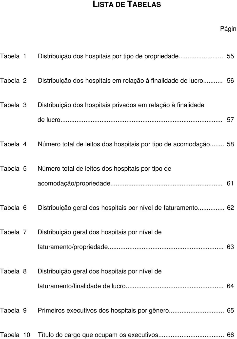 .. 58 Tabela 5 Número total de leitos dos hospitais por tipo de acomodação/propriedade... 61 Tabela 6 Distribuição geral dos hospitais por nível de faturamento.