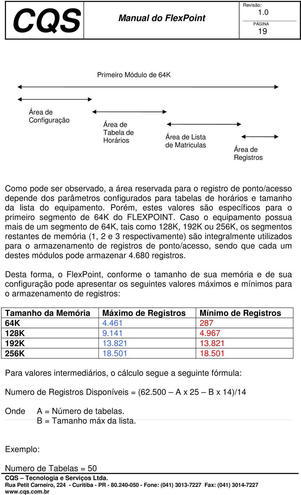 Caso o equipamento possua mais de um segmento de 64K, tais como 128K, 192K ou 256K, os segmentos restantes de memória (1, 2 e 3 respectivamente) são integralmente utilizados para o armazenamento de