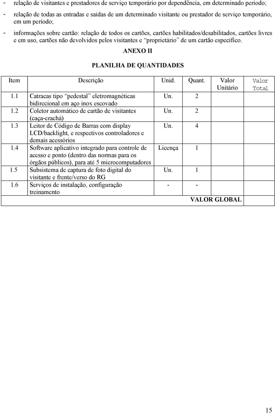 de um cartão específico. ANEXO II PLANILHA DE QUANTIDADES Item Descrição Unid. Quant. Valor Unitário 1.1 Catracas tipo pedestal eletromagnéticas Un. 2 bidirecional em aço inox escovado 1.