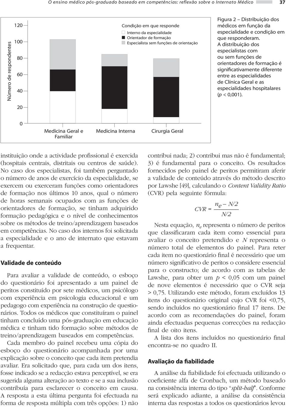 A distribuição dos especialistas com ou sem funções de orientadores de formação é significativamente diferente entre as especialidades de Clínica Geral e as especialidades hospitalares (p < 0,001).