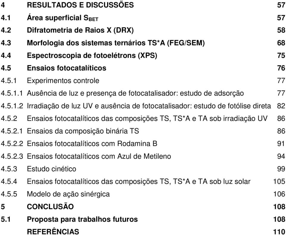 5.2 Ensaios fotocatalíticos das composições TS, TS*A e TA sob irradiação UV 86 4.5.2.1 Ensaios da composição binária TS 86 4.5.2.2 Ensaios fotocatalíticos com Rodamina B 91 4.5.2.3 Ensaios fotocatalíticos com Azul de Metileno 94 4.