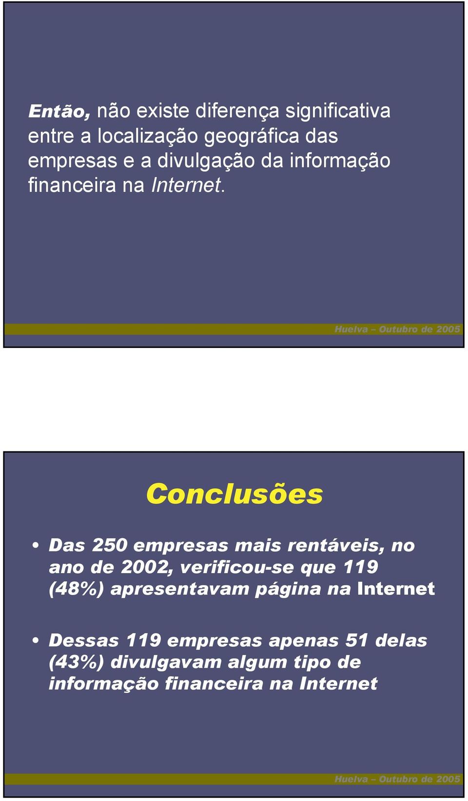 Conclusões Das 250 empresas mais rentáveis, no ano de 2002, verificou-se que 119 (48%)