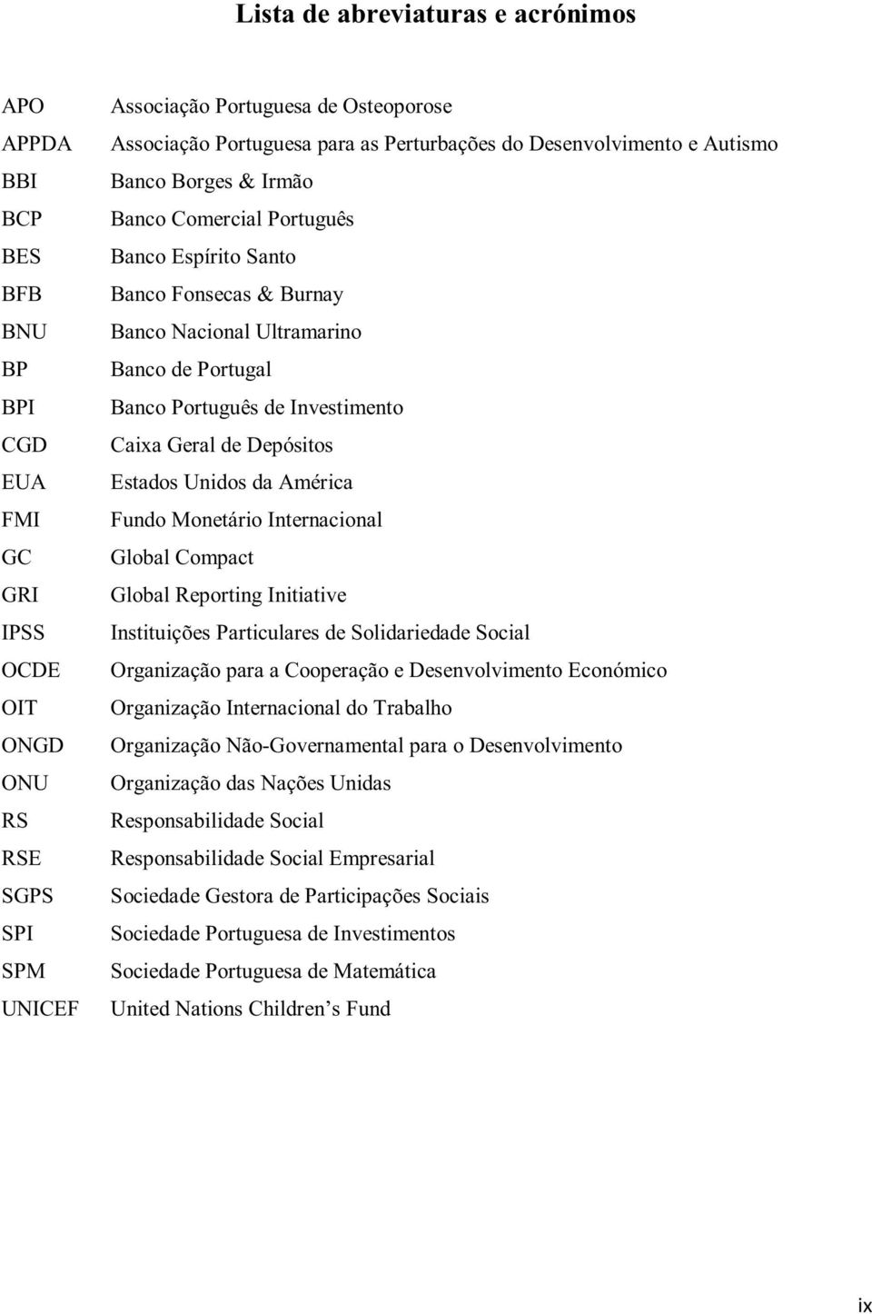 Português de Investimento Caixa Geral de Depósitos Estados Unidos da América Fundo Monetário Internacional Global Compact Global Reporting Initiative Instituições Particulares de Solidariedade Social