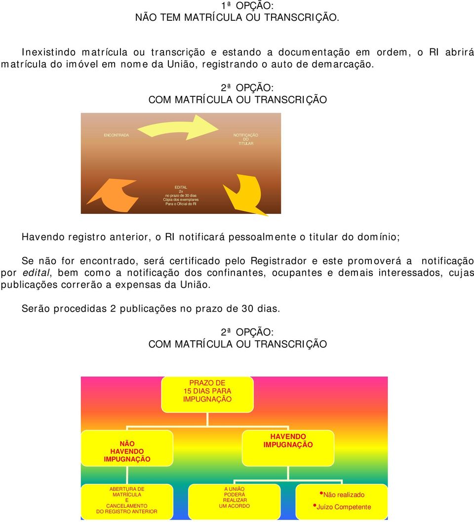 pessoalmente o titular do domínio; Se não for encontrado, será certificado pelo Registrador e este promoverá a notificação por edital, bem como a notificação dos confinantes, ocupantes e demais