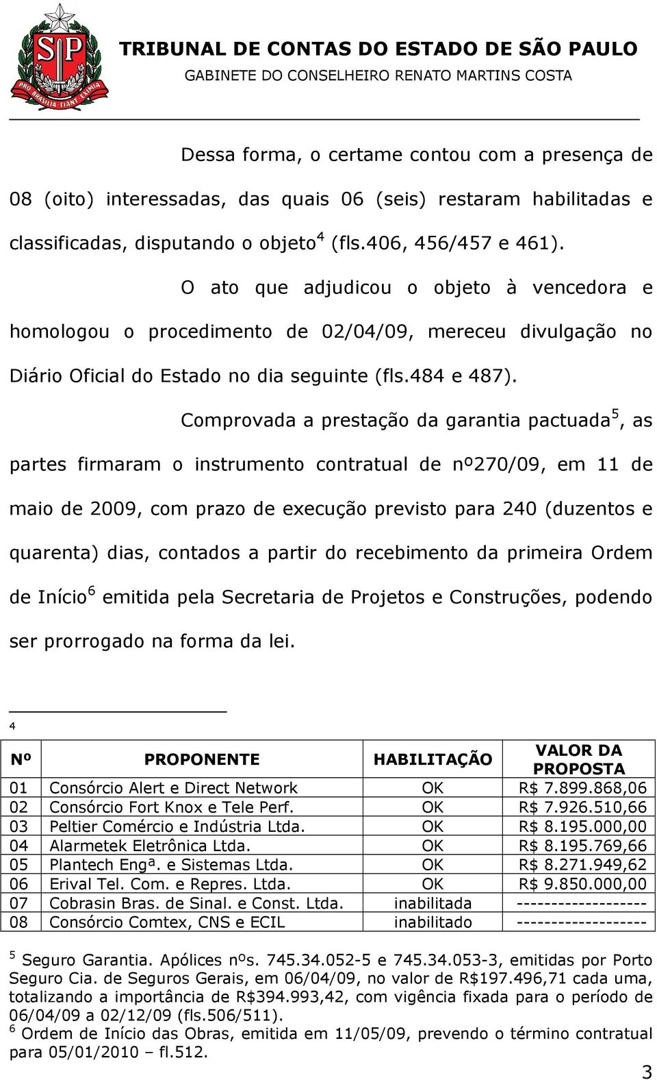 Comprovada a prestação da garantia pactuada 5, as partes firmaram o instrumento contratual de nº270/09, em 11 de maio de 2009, com prazo de execução previsto para 240 (duzentos e quarenta) dias,