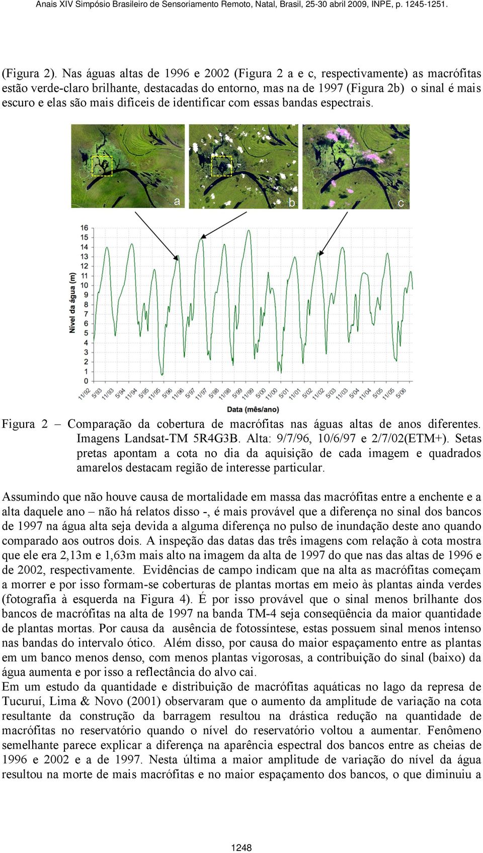 difíceis de identificar com essas bandas espectrais. Figura 2 Comparação da cobertura de macrófitas nas águas altas de anos diferentes. Imagens Landsat-TM 5R4G3B. Alta: 9/7/96, 10/6/97 e 2/7/02(ETM+).