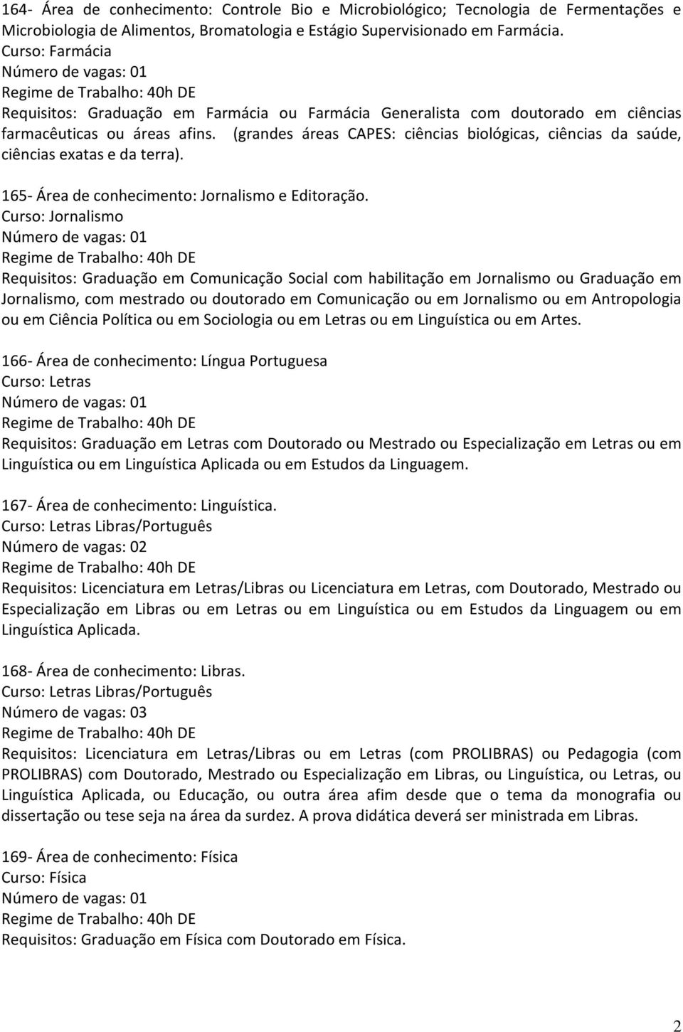 (grandes áreas CAPES: ciências biológicas, ciências da saúde, ciências exatas e da terra). 165- Área de conhecimento: Jornalismo e Editoração.