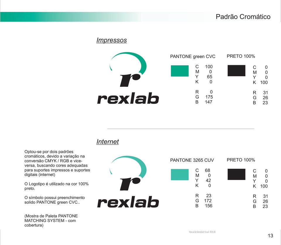 impressos e suportes digitais (internet) O Logotipo é utilizado na cor 100% preto. O símbolo possui preenchimento solido PANTONE green CVC.