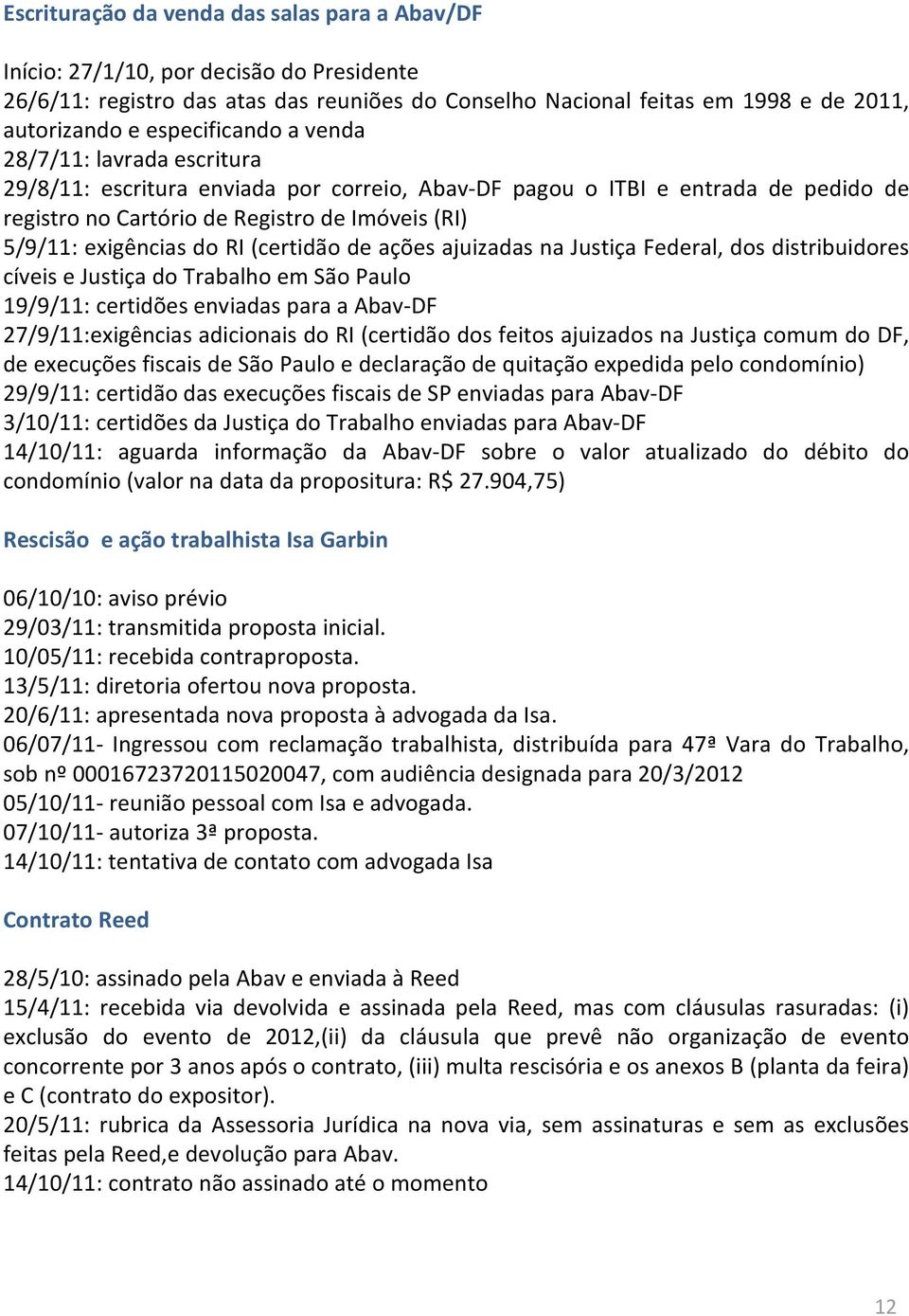 exigências do RI (certidão de ações ajuizadas na Justiça Federal, dos distribuidores cíveis e Justiça do Trabalho em São Paulo 19/9/11: certidões enviadas para a Abav-DF 27/9/11:exigências adicionais