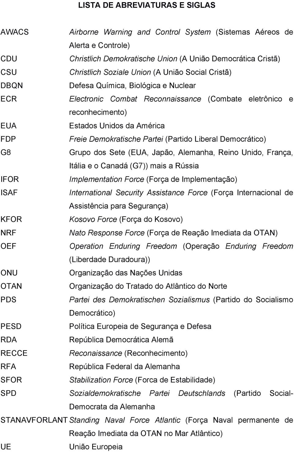 Partei (Partido Liberal Democrático) G8 Grupo dos Sete (EUA, Japão, Alemanha, Reino Unido, França, Itália e o Canadá (G7)) mais a Rússia IFOR Implementation Force (Força de Implementação) ISAF