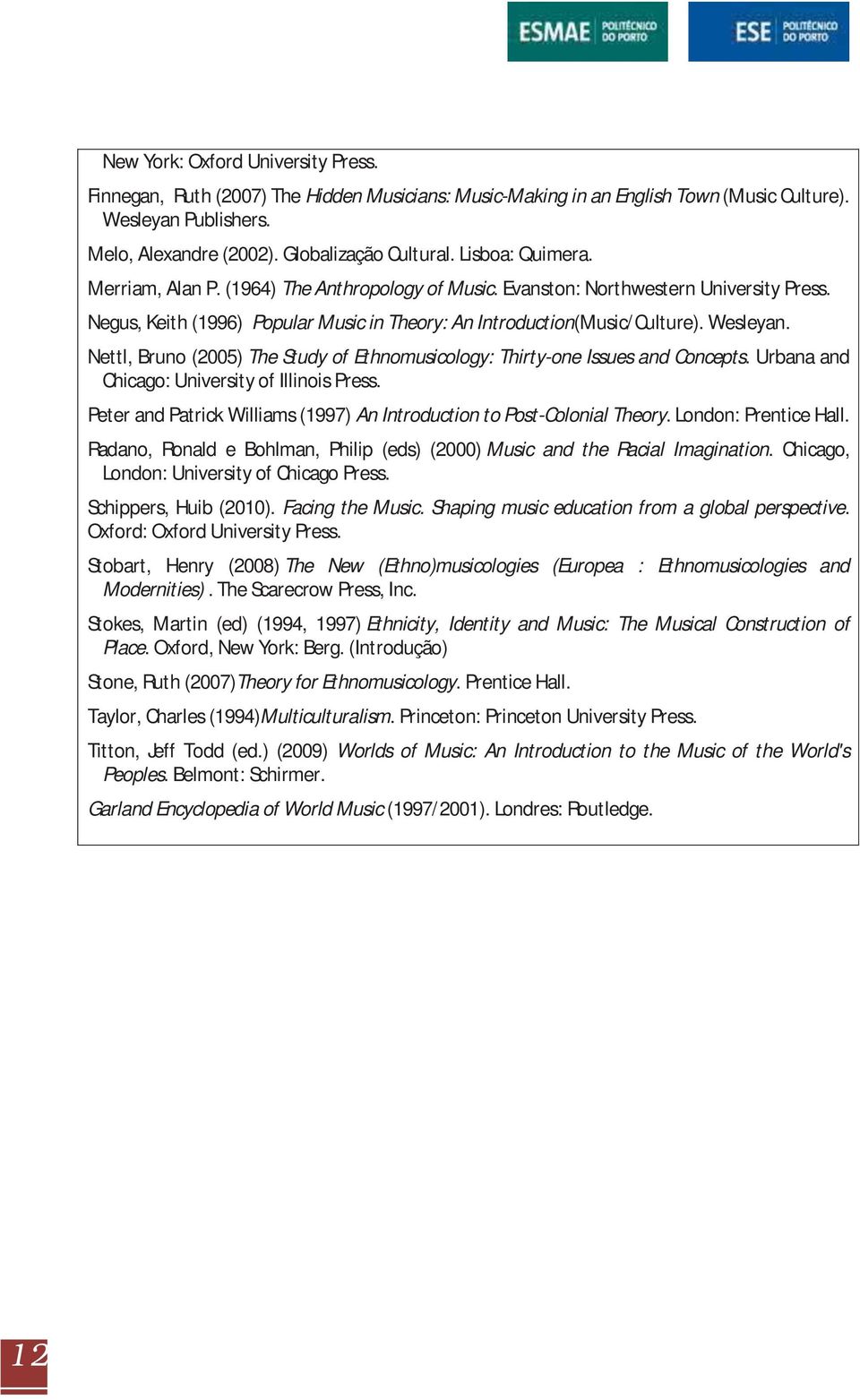 Nettl, Bruno (2005) The Study of Ethnomusicology: Thirty-one Issues and Concepts. Urbana and Chicago: University of Illinois Press.