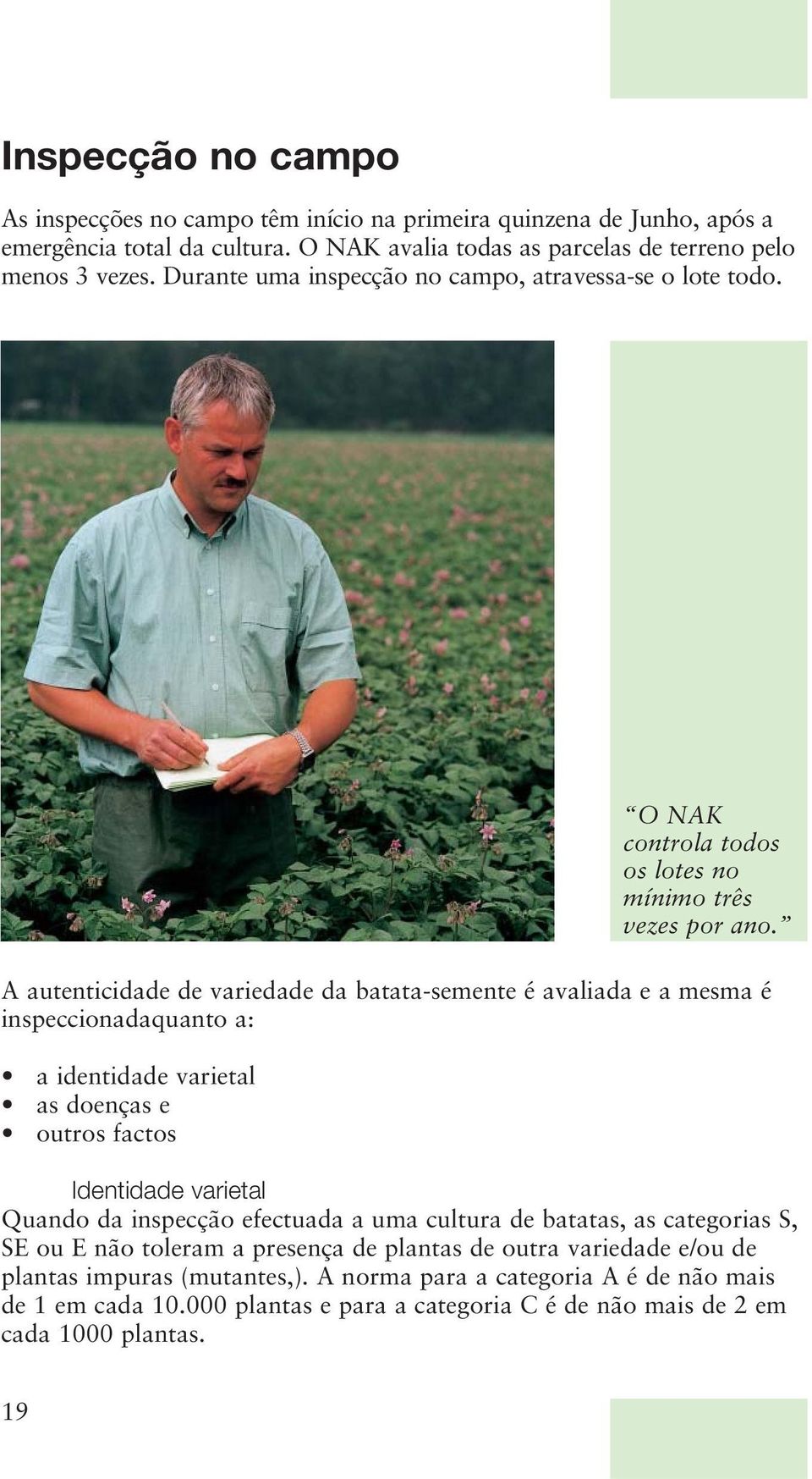 A autenticidade de variedade da batata-semente é avaliada e a mesma é inspeccionadaquanto a: a identidade varietal as doenças e outros factos O NAK controla todos os lotes no mínimo três