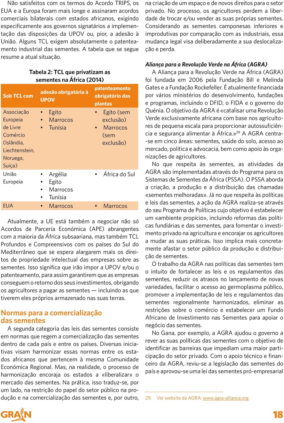 Sob TCL com Associação Europeia de Livre Comércio (Islândia, Liechtenstein, Noruega, Suíça) União Europeia Tabela 2: TCL que privatizam as sementes na África (2014) adesão obrigatória à UPOV Egito