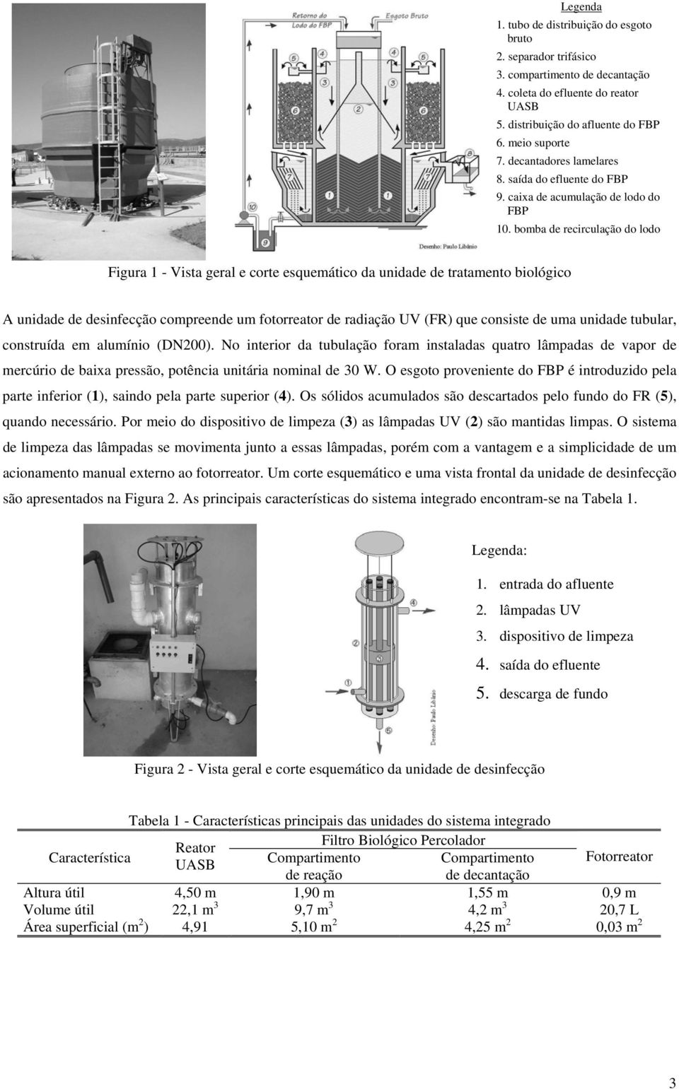 bomba de recirculação do lodo Figura 1 - Vista geral e corte esquemático da unidade de tratamento biológico A unidade de desinfecção compreende um fotorreator de radiação UV (FR) que consiste de uma