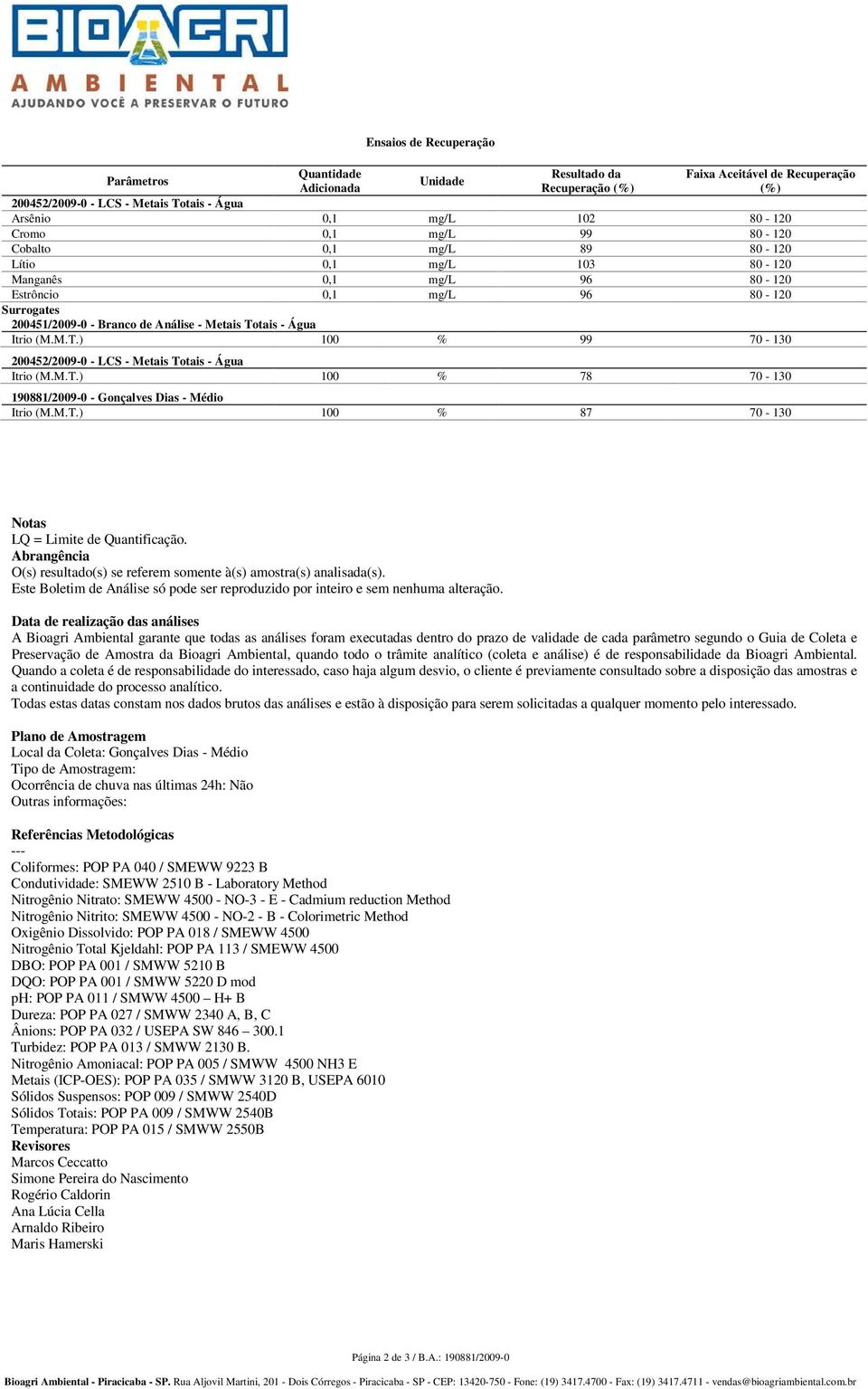 Água Itrio (M.M.T.) 100 % 99 70-130 200452/2009-0 - LCS - Metais Totais - Água Itrio (M.M.T.) 100 % 78 70-130 190881/2009-0 - Gonçalves Dias - Médio Itrio (M.M.T.) 100 % 87 70-130 Notas LQ = Limite de Quantificação.