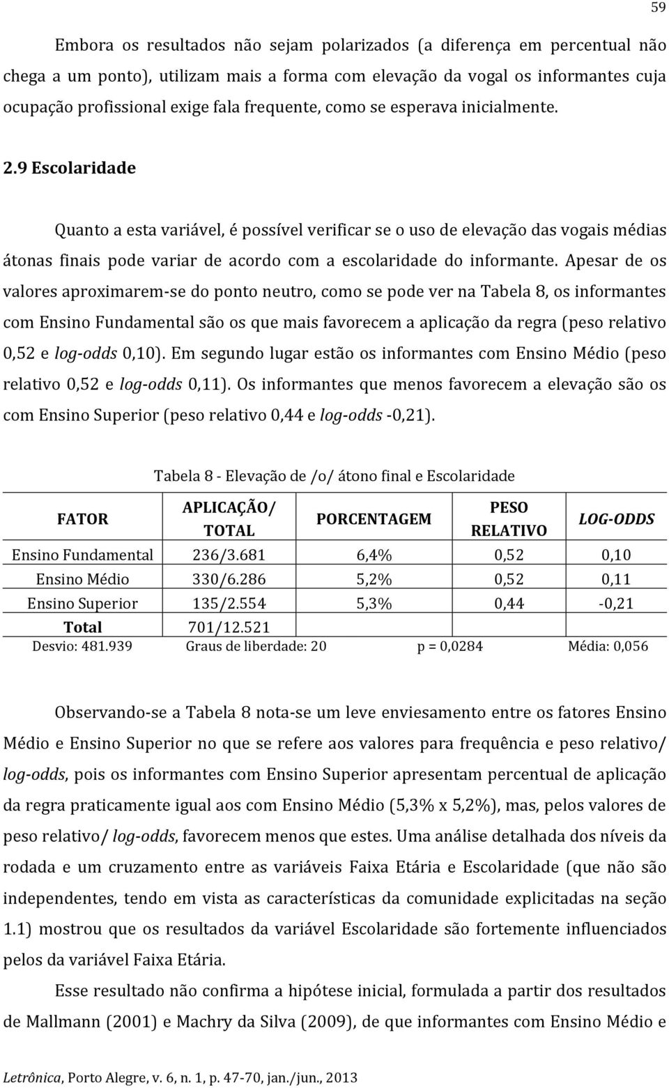 9 Escolaridade Quanto a esta variável, é possível verificar se o uso de elevação das vogais médias átonas finais pode variar de acordo com a escolaridade do informante.