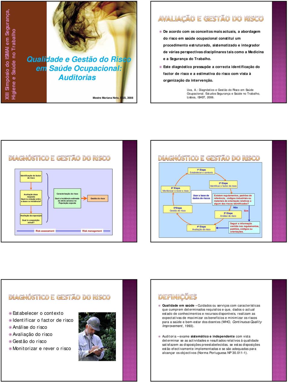 Este diagnóstico pressupõe a correcta identificação do factor de risco e a estimativa do risco com vista à organização da intervenção. Uva, A.: Diagnóstico e Gestão do Risco em Saúde Ocupacional.