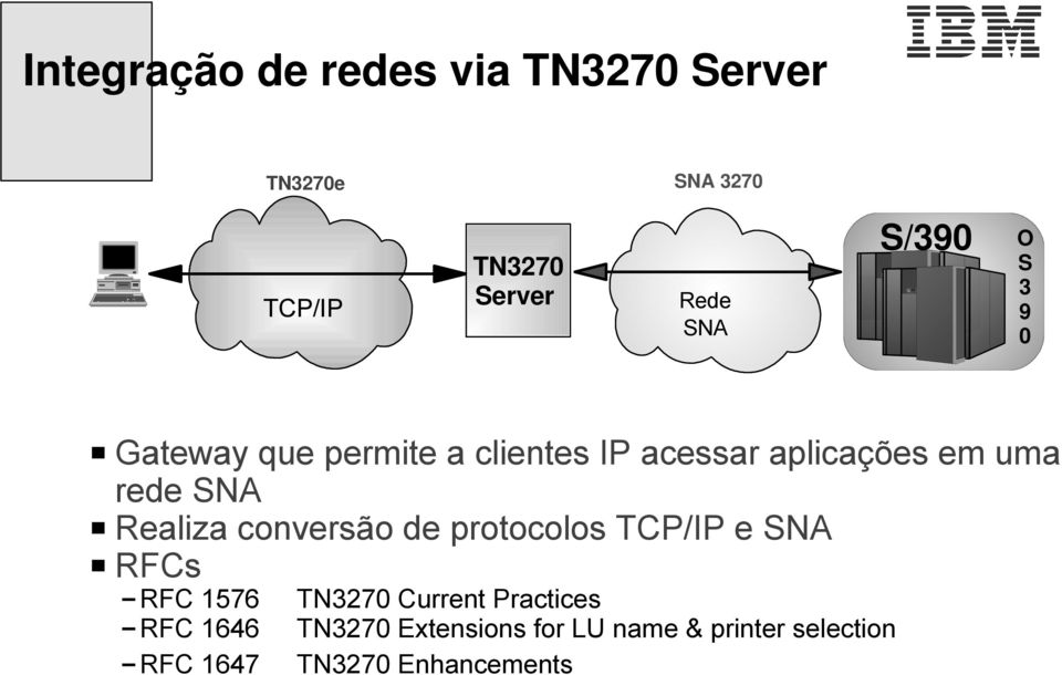 Realiza conversão de protocolos TCP/IP e SNA RFCs RFC 1576 RFC 1646 RFC 1647 TN3270
