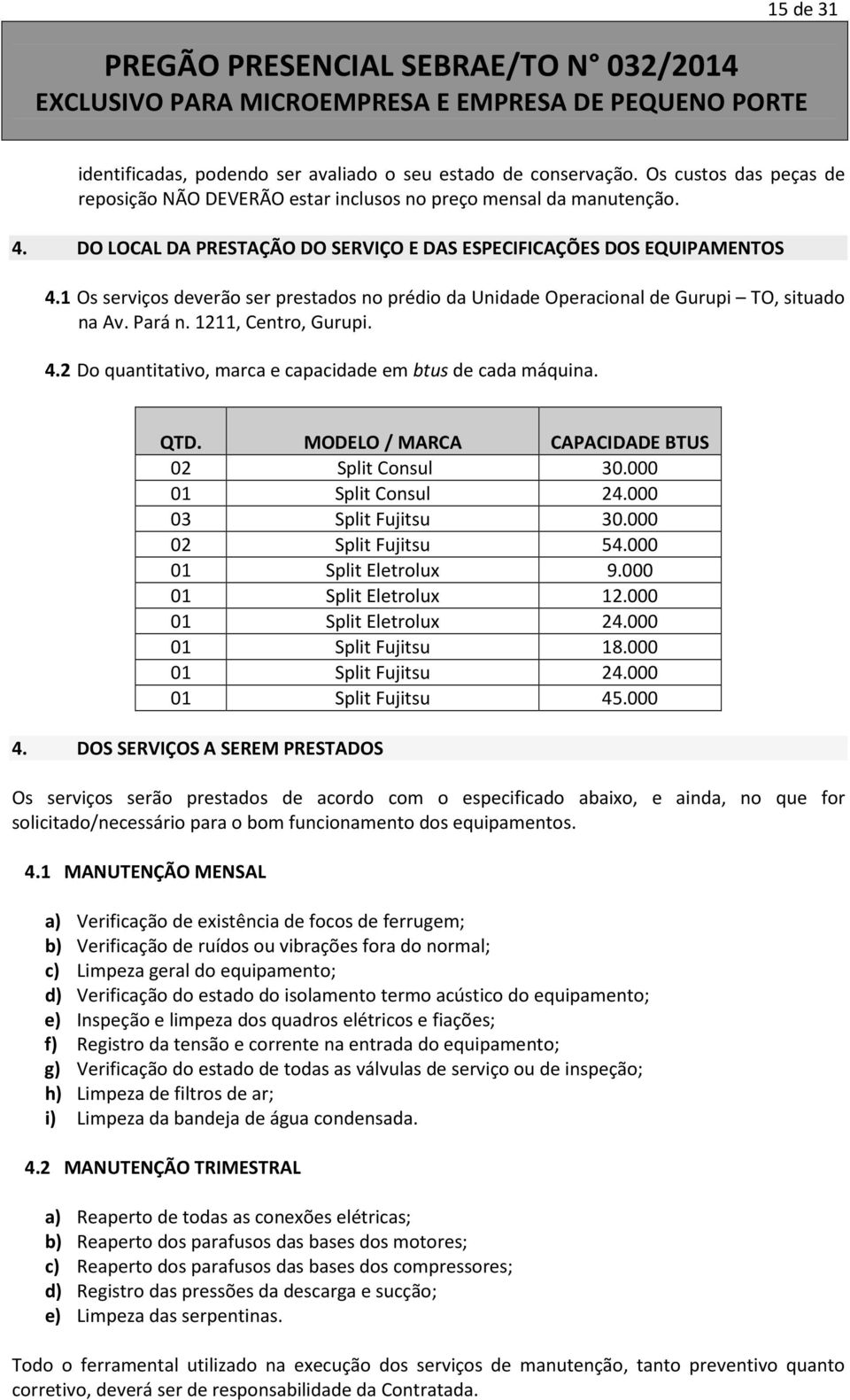 4.2 Do quantitativo, marca e capacidade em btus de cada máquina. QTD. MODELO / MARCA CAPACIDADE BTUS 02 Split Consul 30.000 01 Split Consul 24.000 03 Split Fujitsu 30.000 02 Split Fujitsu 54.