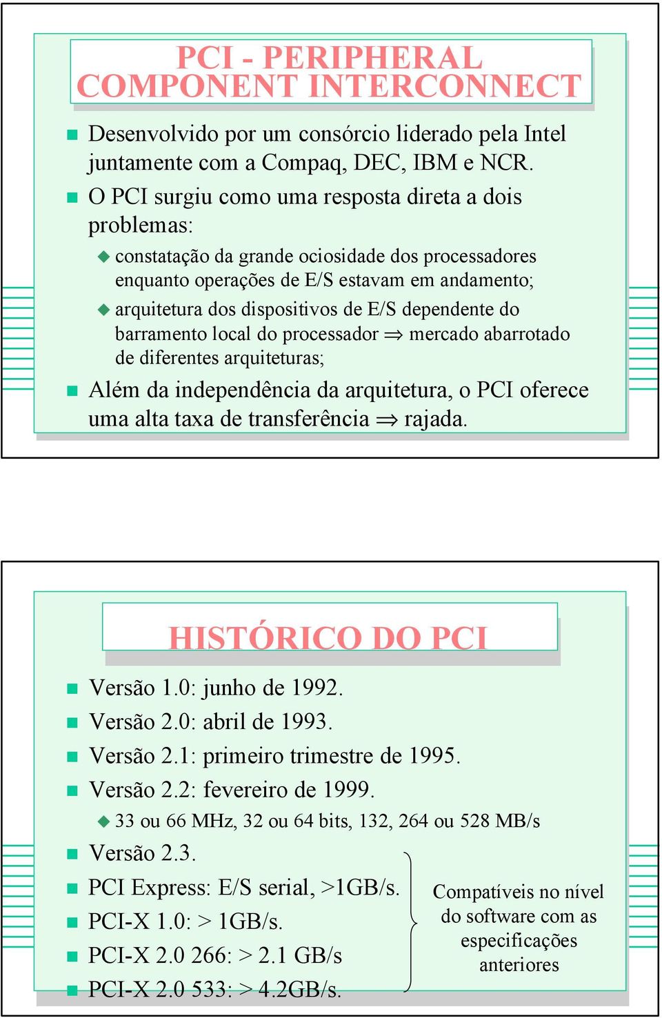 dependente do barramento local do processador mercado abarrotado de diferentes arquiteturas; Além da independência da arquitetura, o PCI oferece uma alta taxa de transferência rajada.