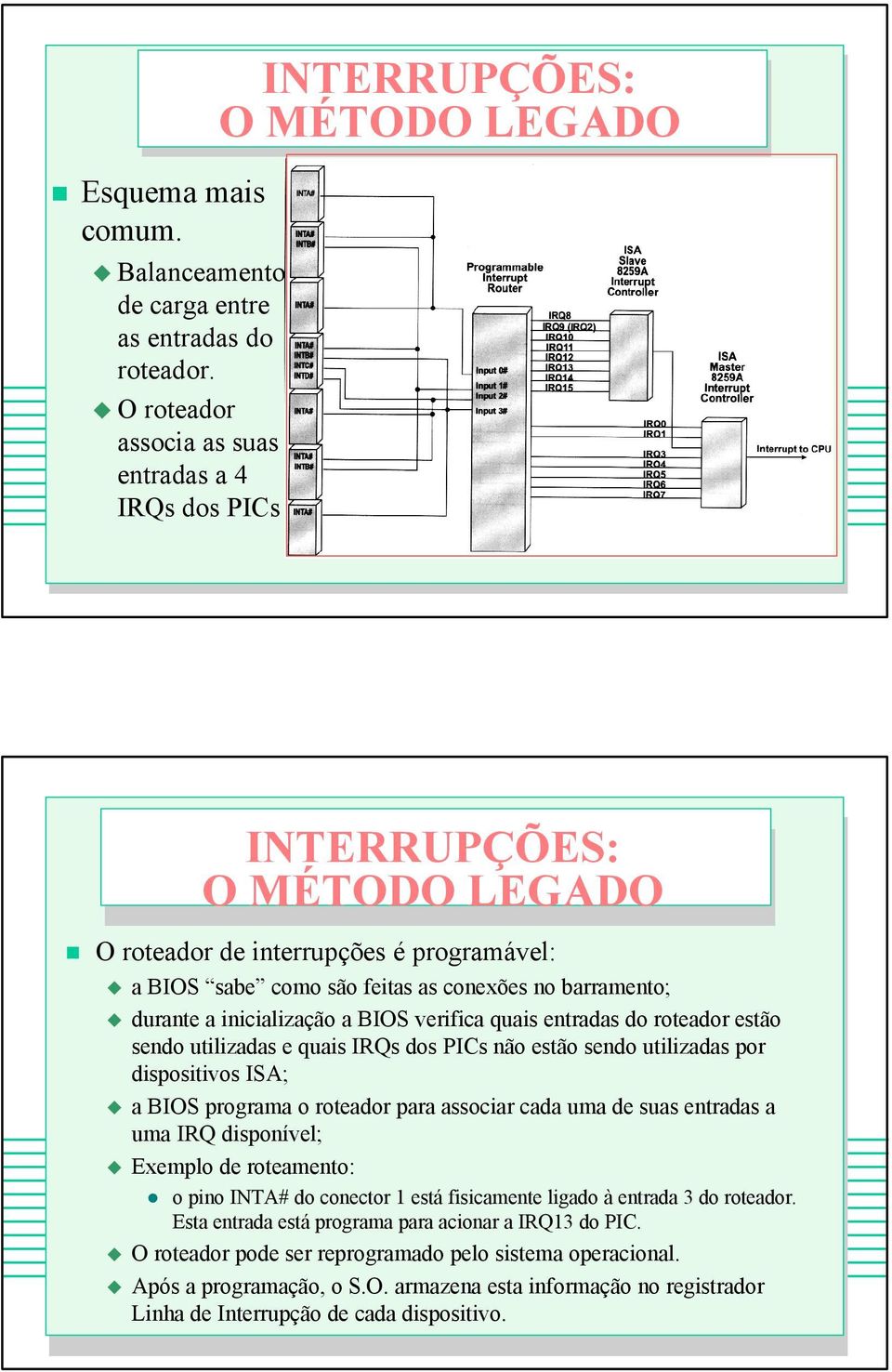 barramento; durante a inicialização a BIOS verifica quais entradas do roteador estão sendo utilizadas e quais IRQs dos PICs não estão sendo utilizadas por dispositivos ISA; a BIOS programa o roteador