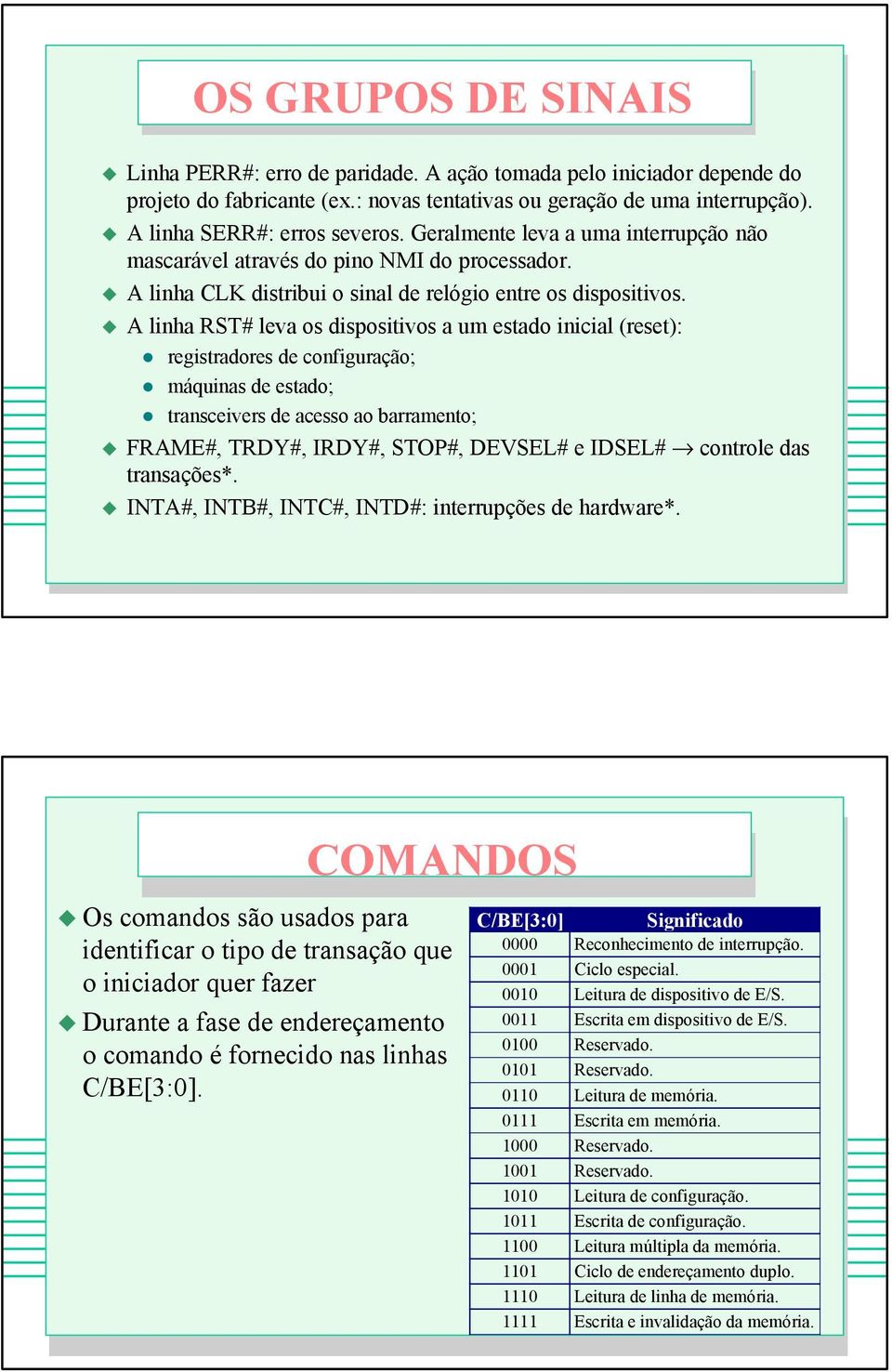 A linha RST# leva os dispositivos a um estado inicial (reset): registradores de configuração; máquinas de estado; transceivers de acesso ao barramento; FRAME#, TRDY#, IRDY#, STOP#, DEVSEL# e IDSEL#