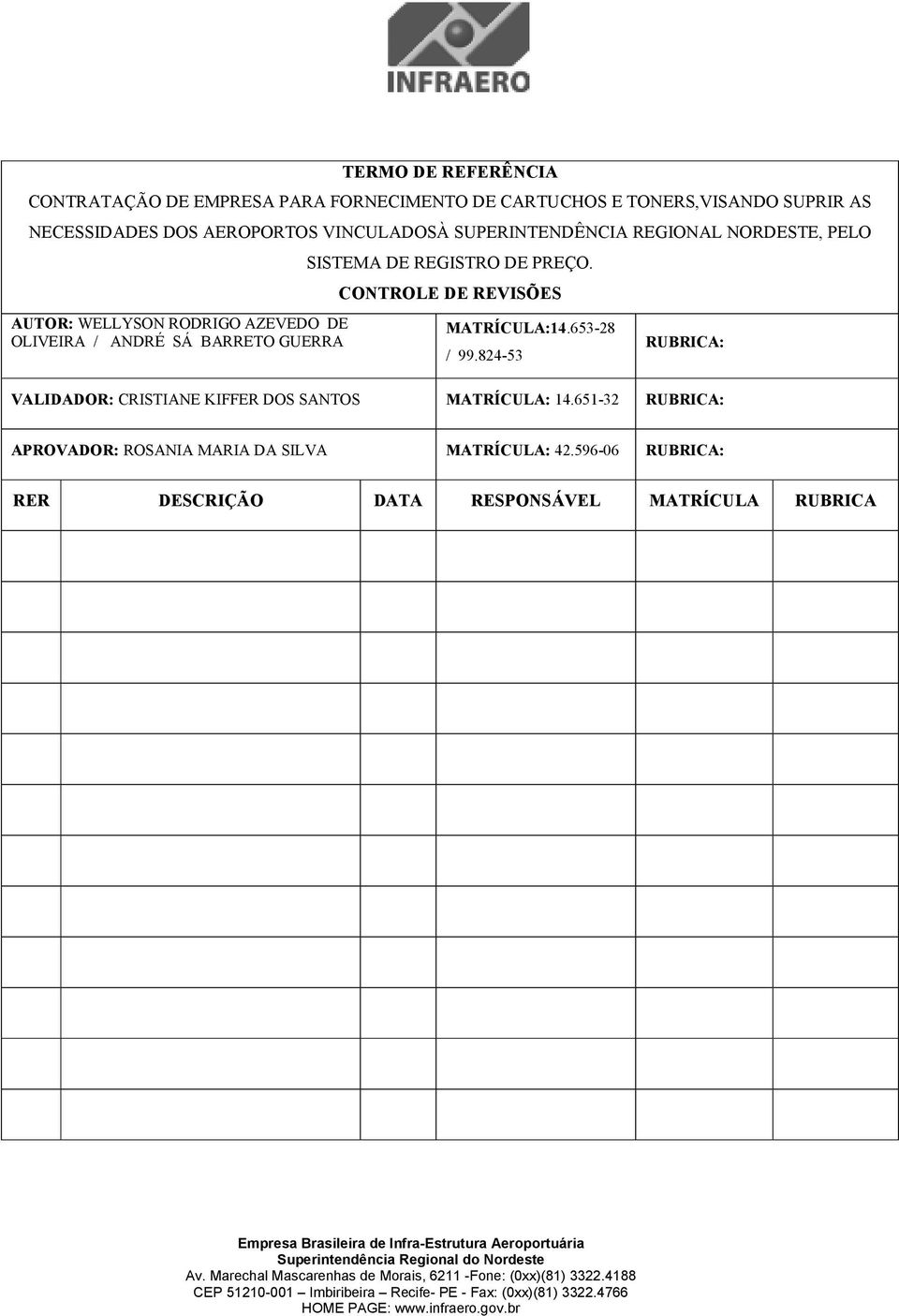 DE REGISTRO DE PREÇO. CONTROLE DE REVISÕES MATRÍCULA:14.653-28 / 99.