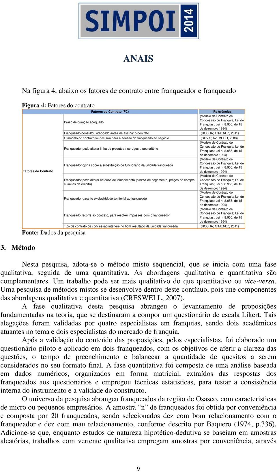 955, de 15 de dezembro 1994) Franqueado consultou advogado antes de assinar o contrato (ROCHA; GIMENEZ, 2011) O modelo do contrato foi decisivo para a adesão do franqueado ao negócio (SILVA; AZEVEDO,