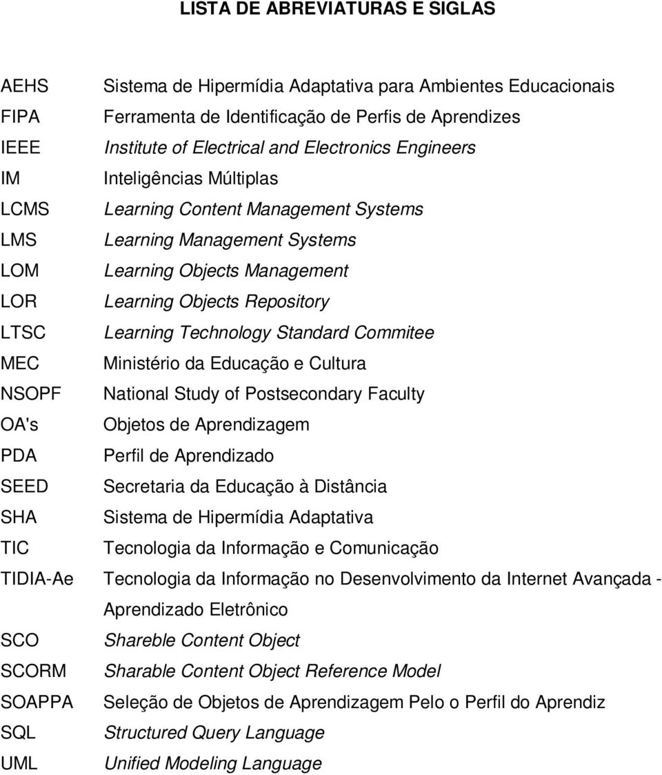 Standard Commitee MEC Ministério da Educação e Cultura NSOPF National Study of Postsecondary Faculty OA's Objetos de Aprendizagem PDA Perfil de Aprendizado SEED Secretaria da Educação à Distância SHA