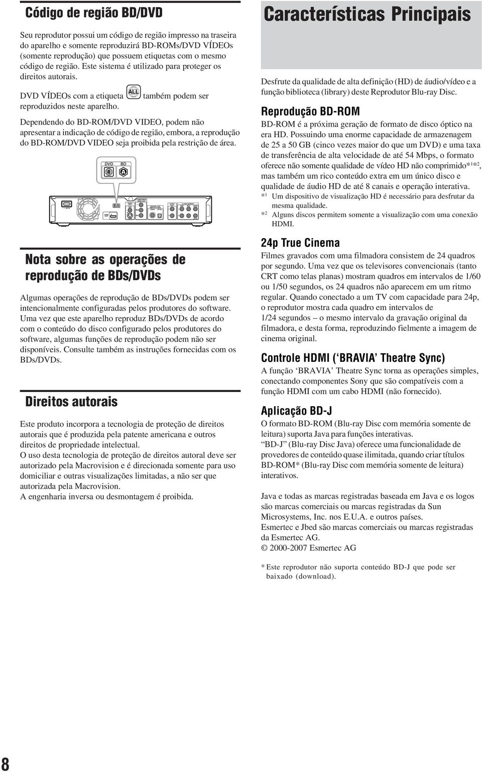 Dependendo do BD-ROM/DVD VIDEO, podem não apresentar a indicação de código de região, embora, a reprodução do BD-ROM/DVD VIDEO seja proibida pela restrição de área.