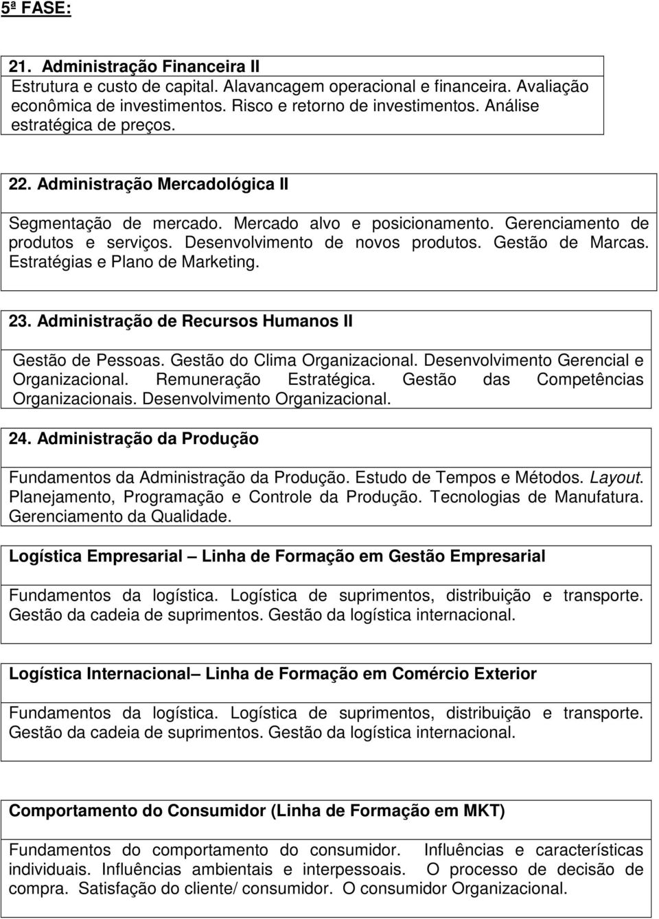 Gestão de Marcas. Estratégias e Plano de Marketing. 23. Administração de Recursos Humanos II Gestão de Pessoas. Gestão do Clima Organizacional. Desenvolvimento Gerencial e Organizacional.