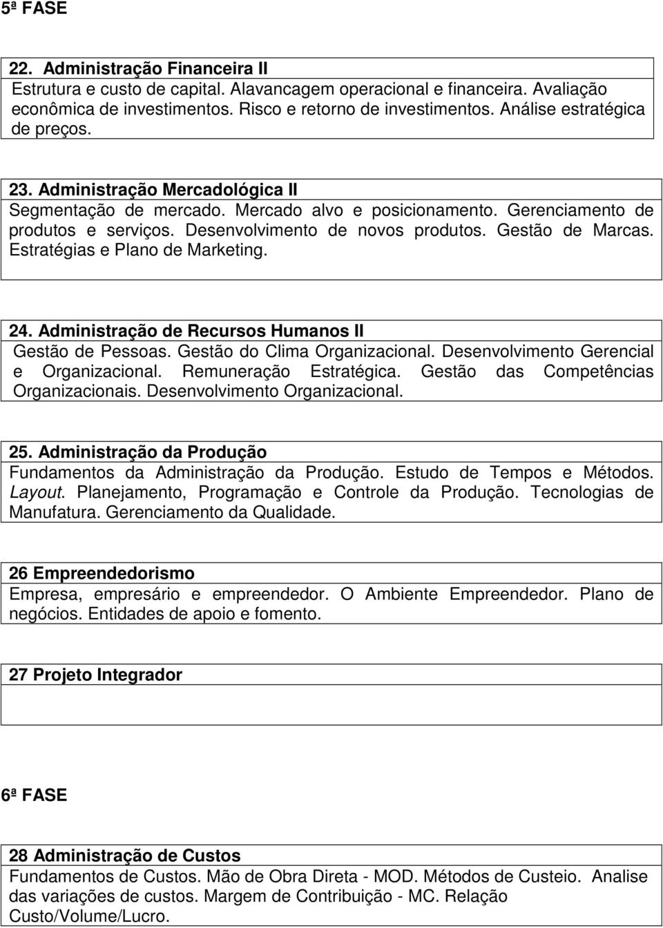 Gestão de Marcas. Estratégias e Plano de Marketing. 24. Administração de Recursos Humanos II Gestão de Pessoas. Gestão do Clima Organizacional. Desenvolvimento Gerencial e Organizacional.